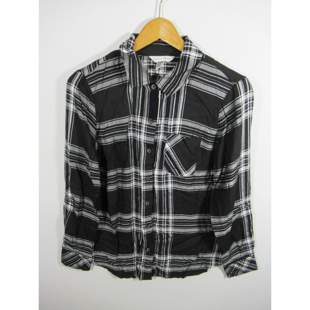 NEW Christopher & Banks Button Up Shirt Women Small Roll Tab Sleeve Black/White